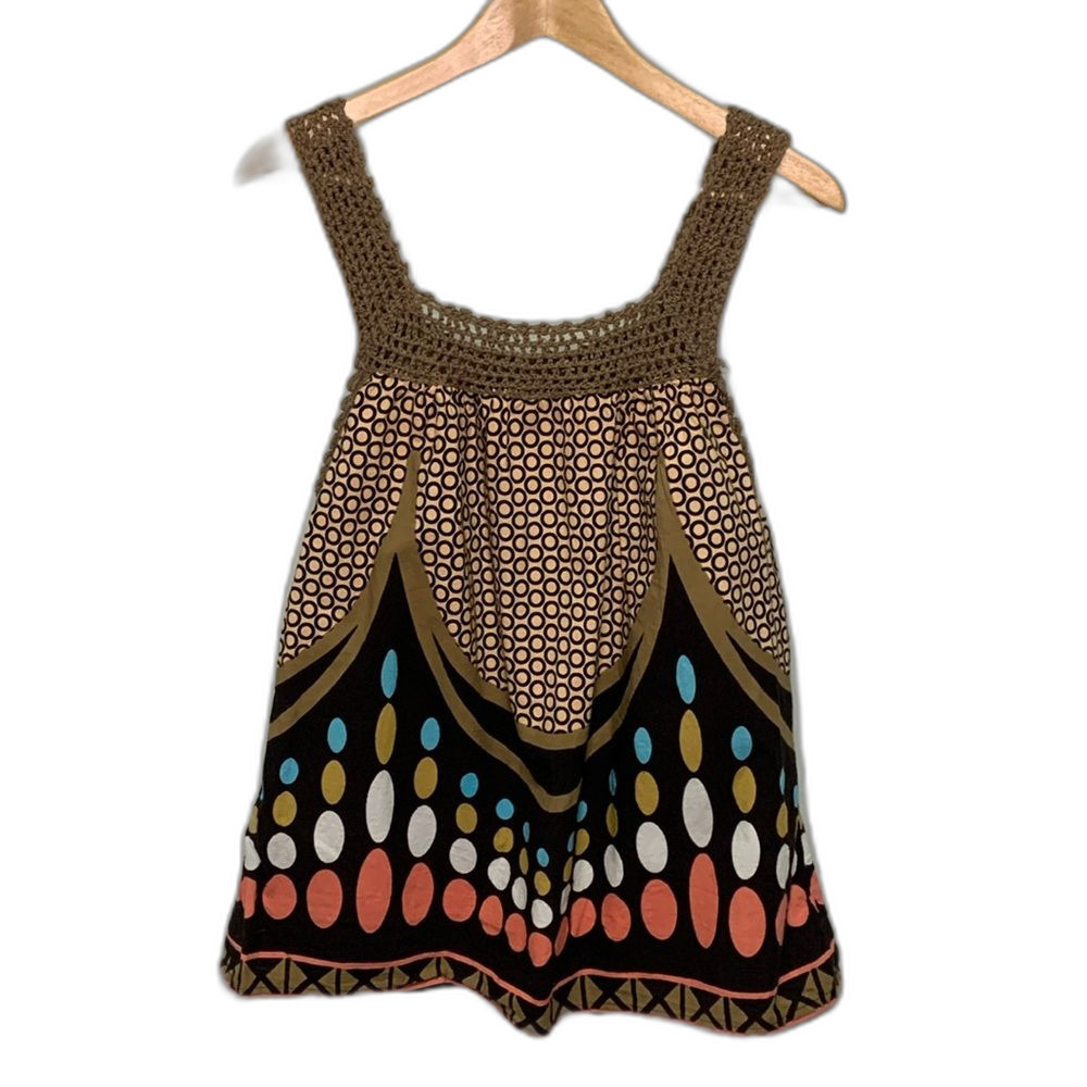 VTG Blue Plate Women's Brown Crochet Strap Dot Print Sleeveless Tank Top L - Picture 3 of 10
